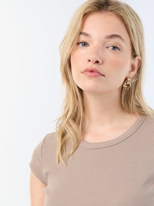 T-shirt van jerseytricot met korte geribde mouwen - Kiabi