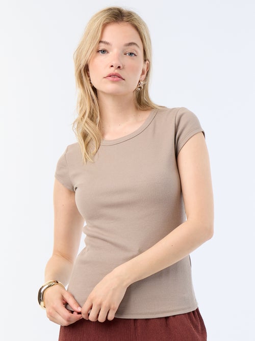 T-shirt van jerseytricot met korte geribde mouwen - Kiabi