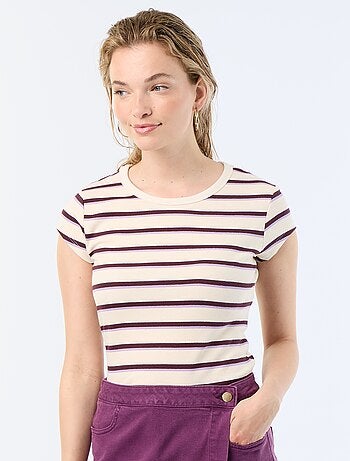 T-shirt van jerseytricot met korte geribde mouwen