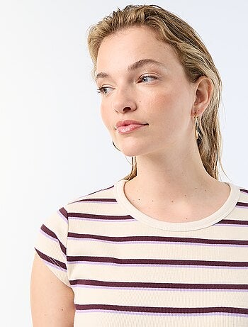 T-shirt van jerseytricot met korte geribde mouwen
