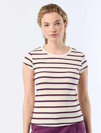 T-shirt van jerseytricot met korte geribde mouwen