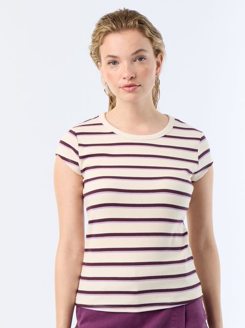 T-shirt van jerseytricot met korte geribde mouwen - Kiabi