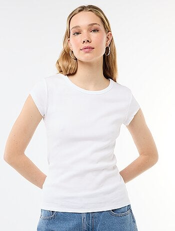 T-shirt van jerseytricot met korte geribde mouwen