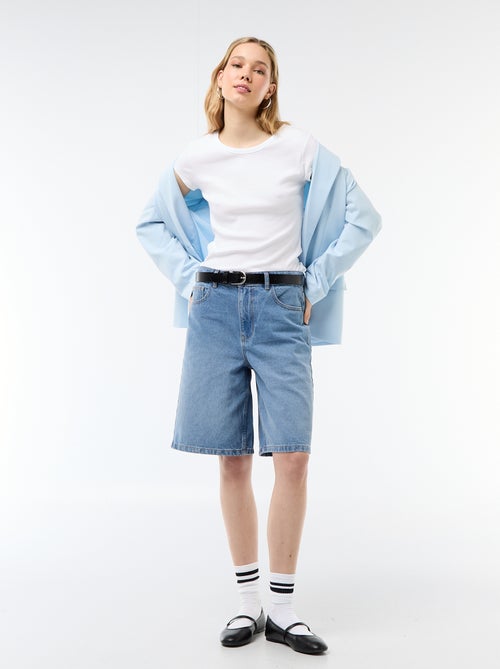 T-shirt van jerseytricot met korte geribde mouwen - Kiabi