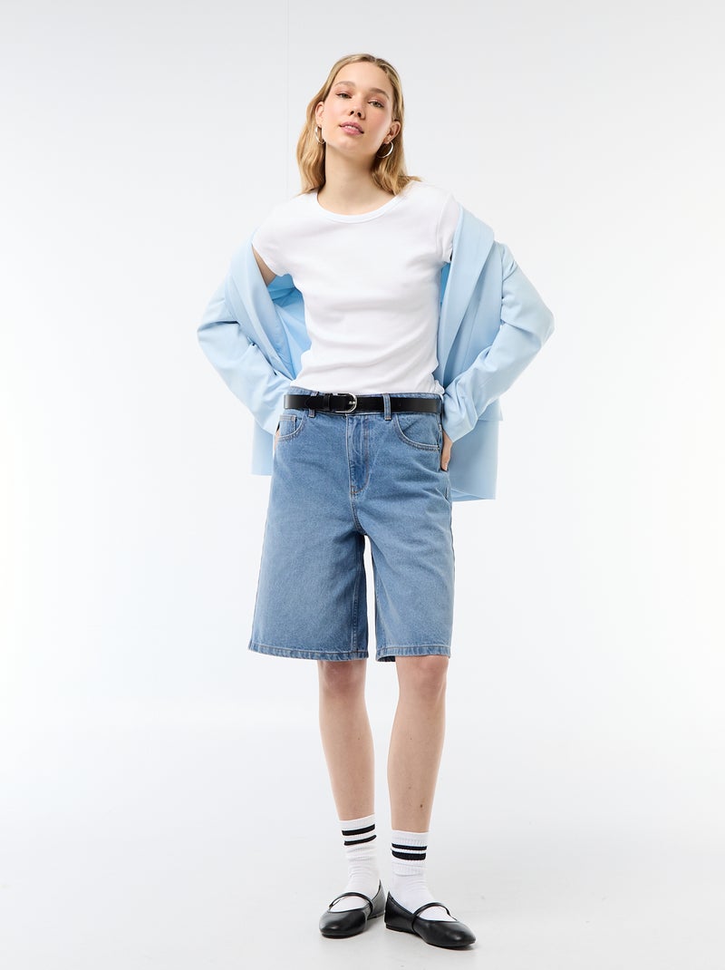 T-shirt van jerseytricot met korte geribde mouwen Wit - Kiabi