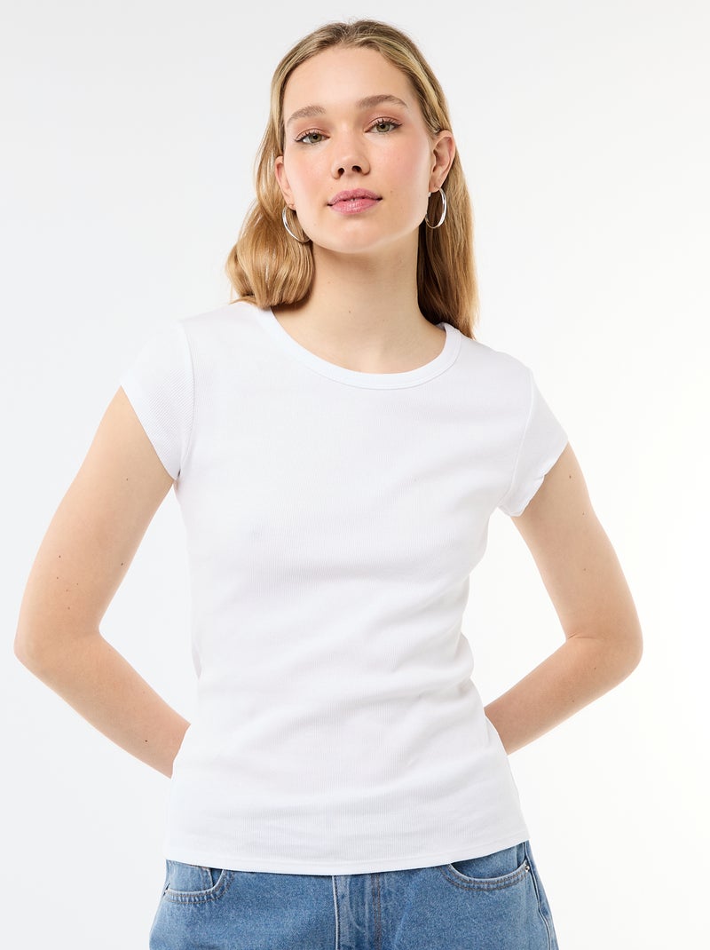 T-shirt van jerseytricot met korte geribde mouwen Wit - Kiabi