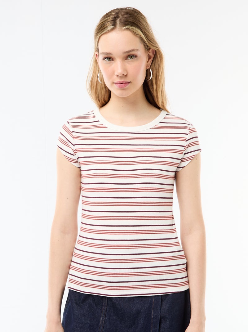 T-shirt van jerseytricot met korte geribde mouwen Wit - Kiabi