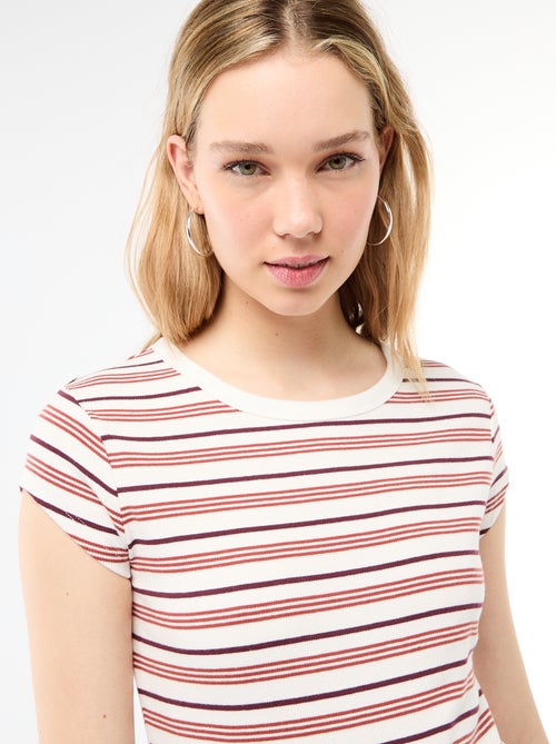 T-shirt van jerseytricot met korte geribde mouwen - Kiabi