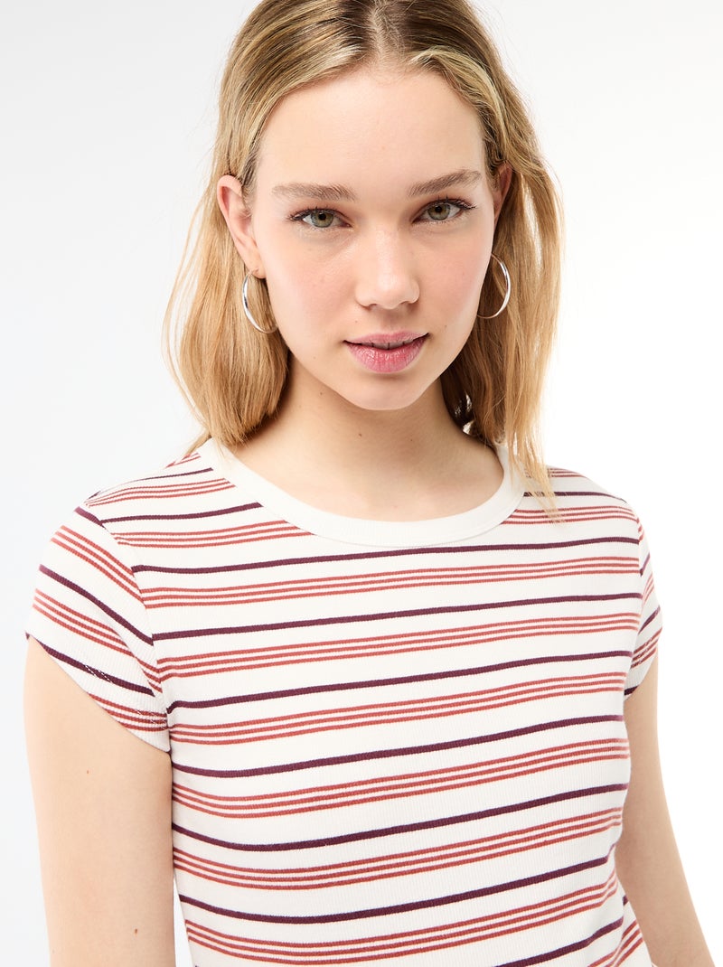 T-shirt van jerseytricot met korte geribde mouwen Wit - Kiabi