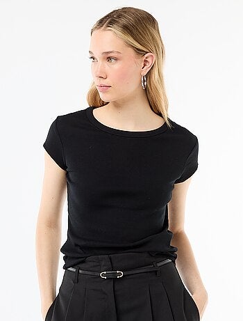 T-shirt van jerseytricot met korte geribde mouwen