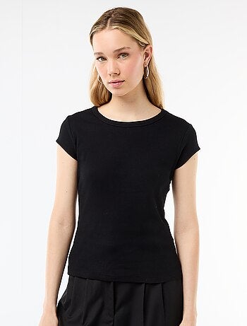 T-shirt van jerseytricot met korte geribde mouwen