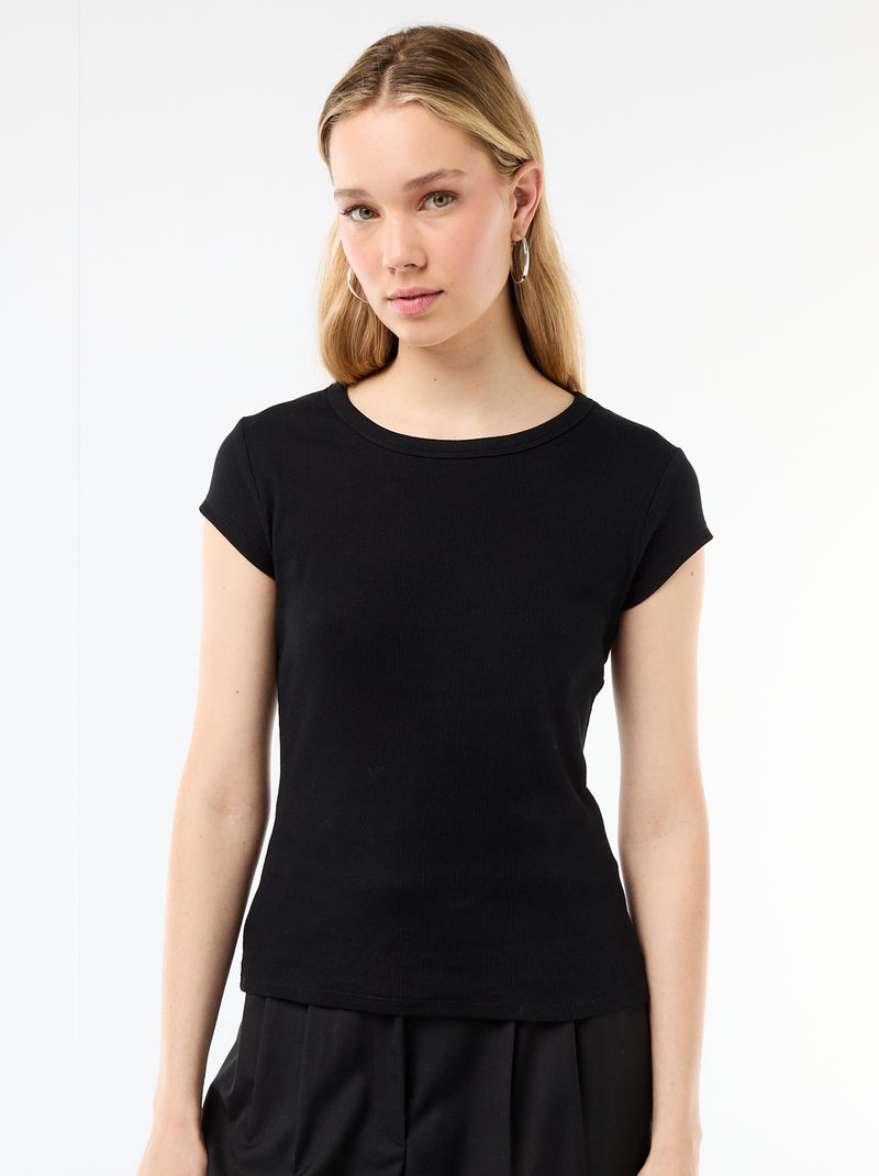 T-shirt van jerseytricot met korte geribde mouwen Zwart - Kiabi