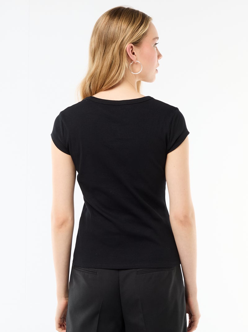 T-shirt van jerseytricot met korte geribde mouwen Zwart - Kiabi