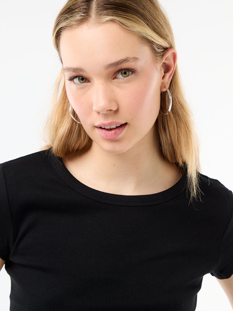 T-shirt van jerseytricot met korte geribde mouwen Zwart - Kiabi