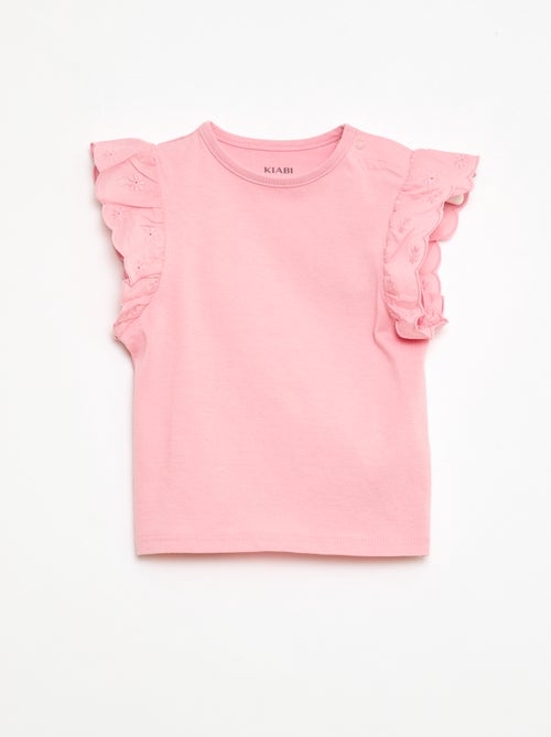 T-shirt van jerseytricot met korte mouwen van Engels borduurwerk - Kiabi