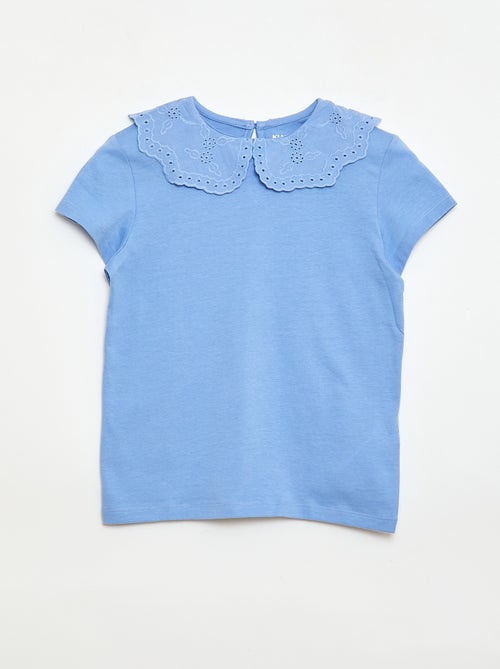 T-shirt van jerseytricot met ronde hals en broderie anglaise - Kiabi