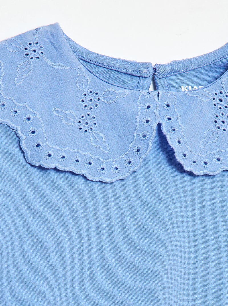 T-shirt van jerseytricot met ronde hals en broderie anglaise Blauw - Kiabi