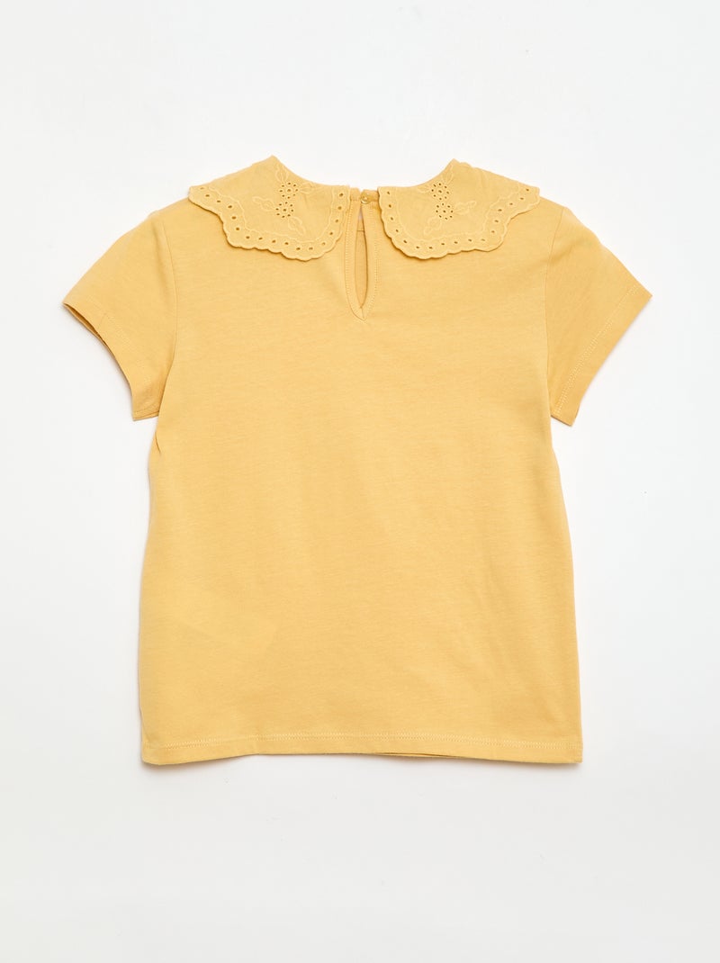 T-shirt van jerseytricot met ronde hals en broderie anglaise Mosterdgeel - Kiabi