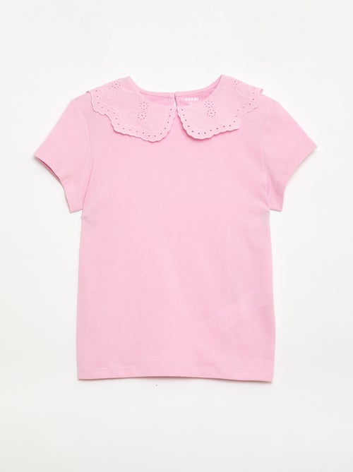 T-shirt van jerseytricot met ronde hals en broderie anglaise - Kiabi