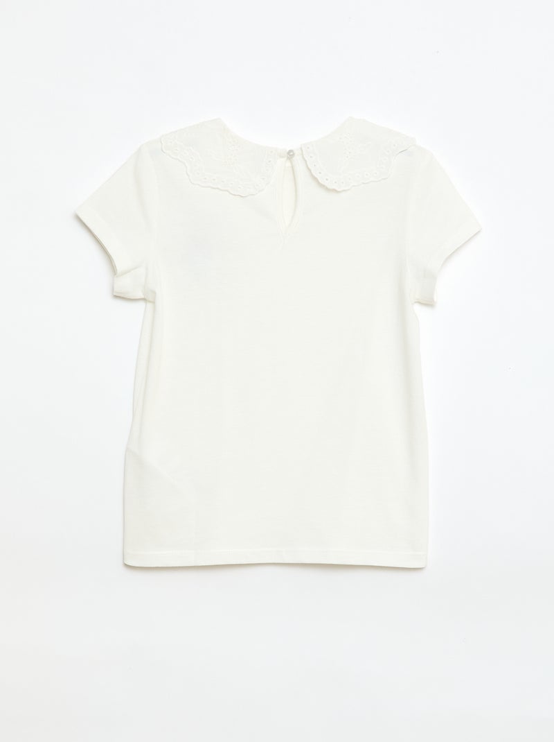 T-shirt van jerseytricot met ronde hals en broderie anglaise Wit - Kiabi