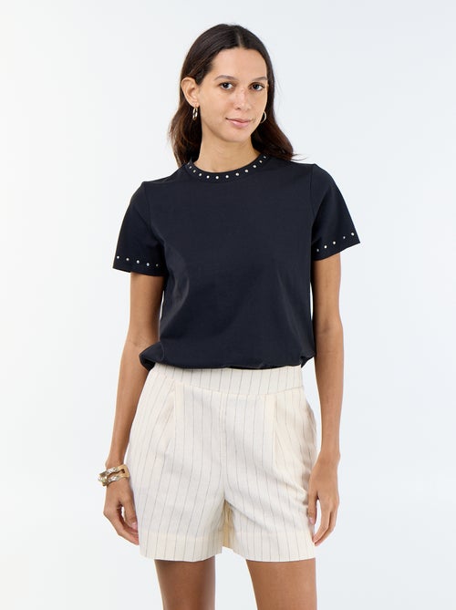 T-shirt van jerseytricot met studs aan de hals en mouwen - Kiabi