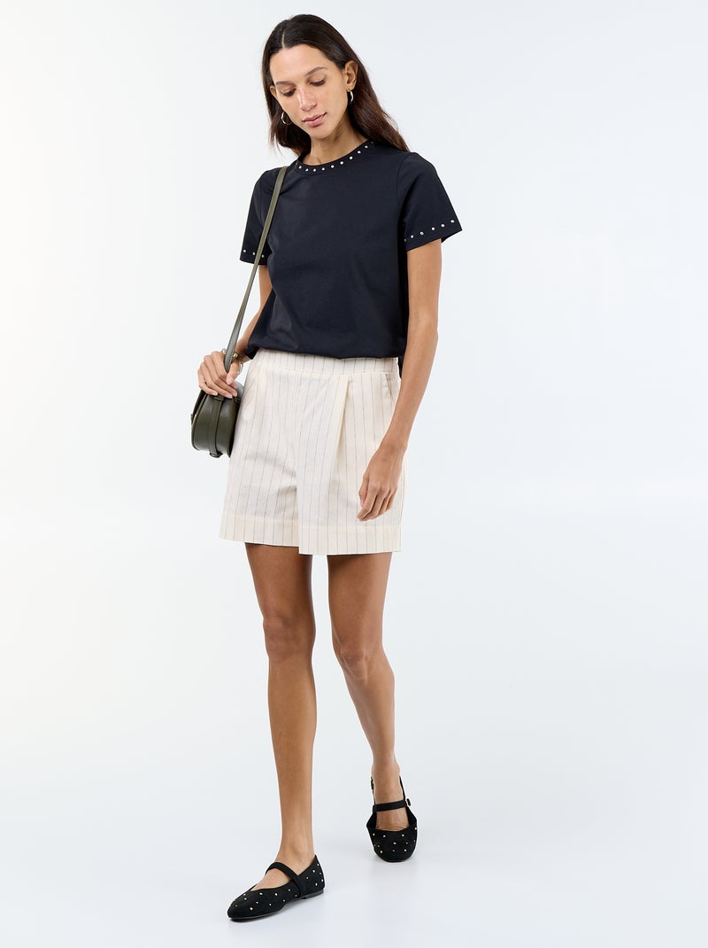 T-shirt van jerseytricot met studs aan de hals en mouwen Zwart - Kiabi