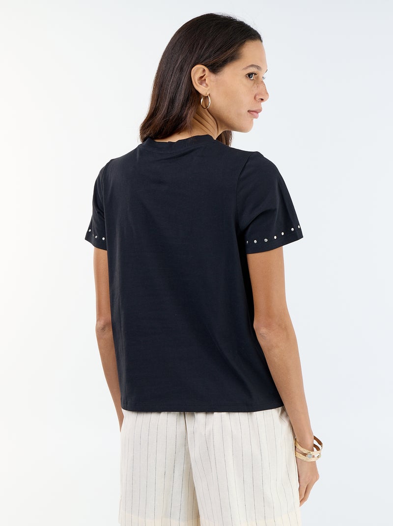 T-shirt van jerseytricot met studs aan de hals en mouwen Zwart - Kiabi