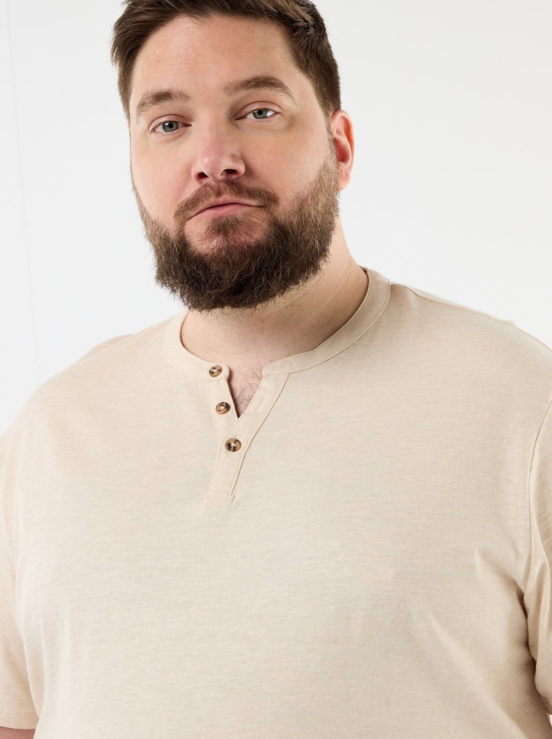 T-shirt van jerseytricot met tunisische kraag en korte mouwen Biege - Kiabi