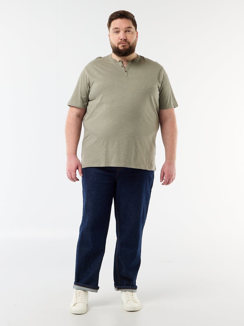 T-shirt van jerseytricot met tunisische kraag en korte mouwen Groen - Kiabi