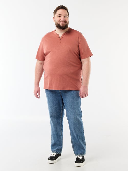 T-shirt van jerseytricot met tunisische kraag en korte mouwen - Kiabi