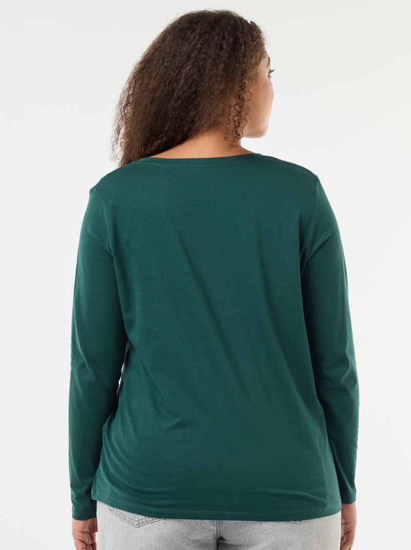 T-shirt van jerseytricot met V-hals en lange mouwen Groen - Kiabi