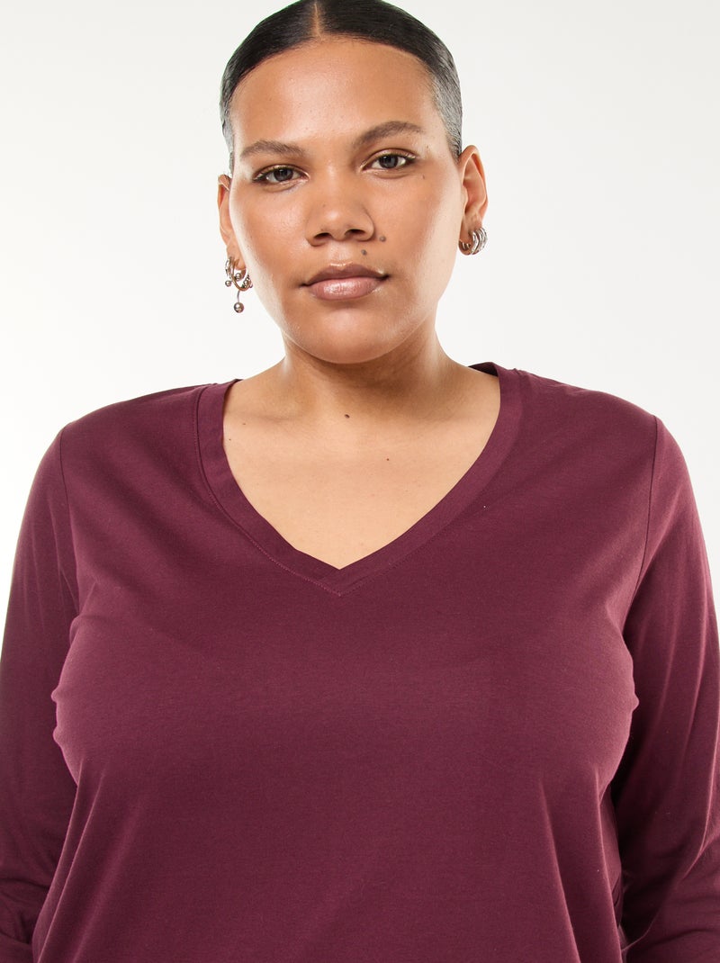 T-shirt van jerseytricot met V-hals en lange mouwen Rood - Kiabi