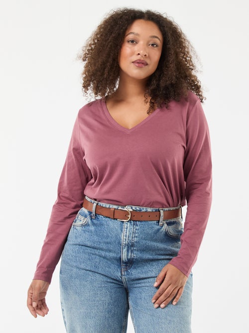 T-shirt van jerseytricot met V-hals en lange mouwen - Kiabi