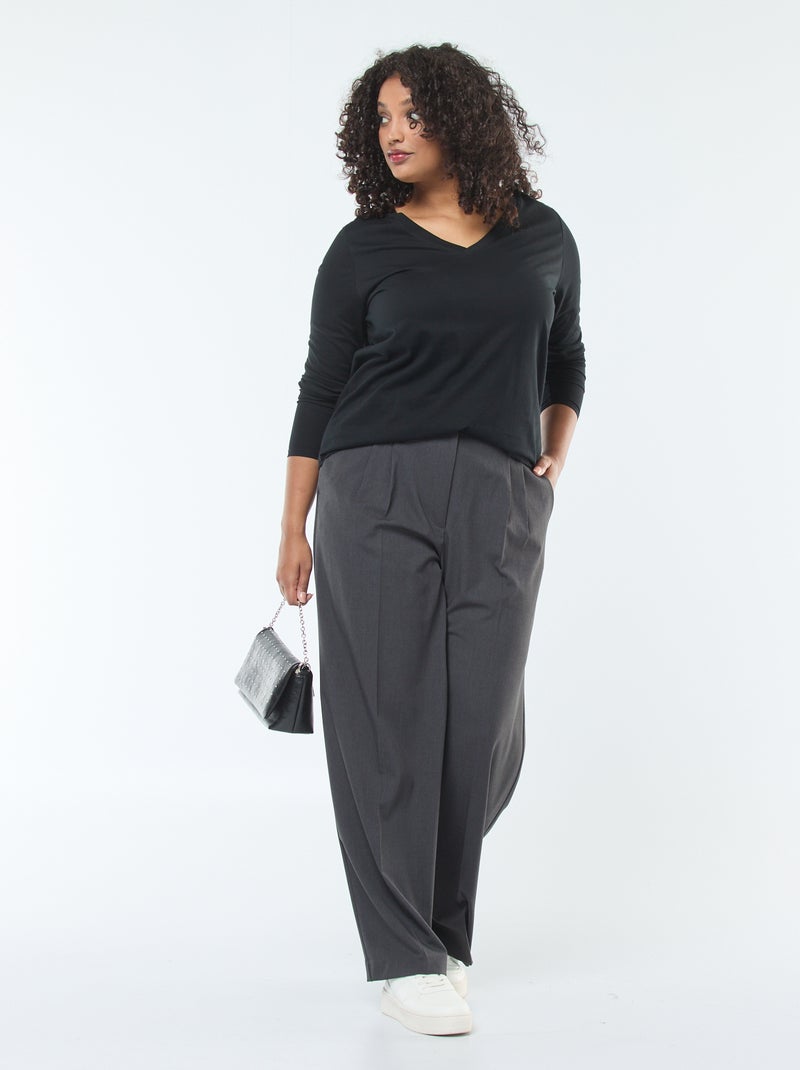 T-shirt van jerseytricot met V-hals en lange mouwen zwart - Kiabi