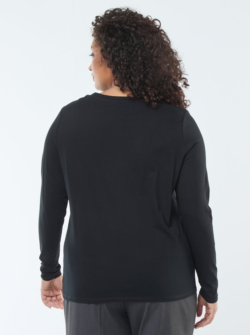 T-shirt van jerseytricot met V-hals en lange mouwen zwart - Kiabi