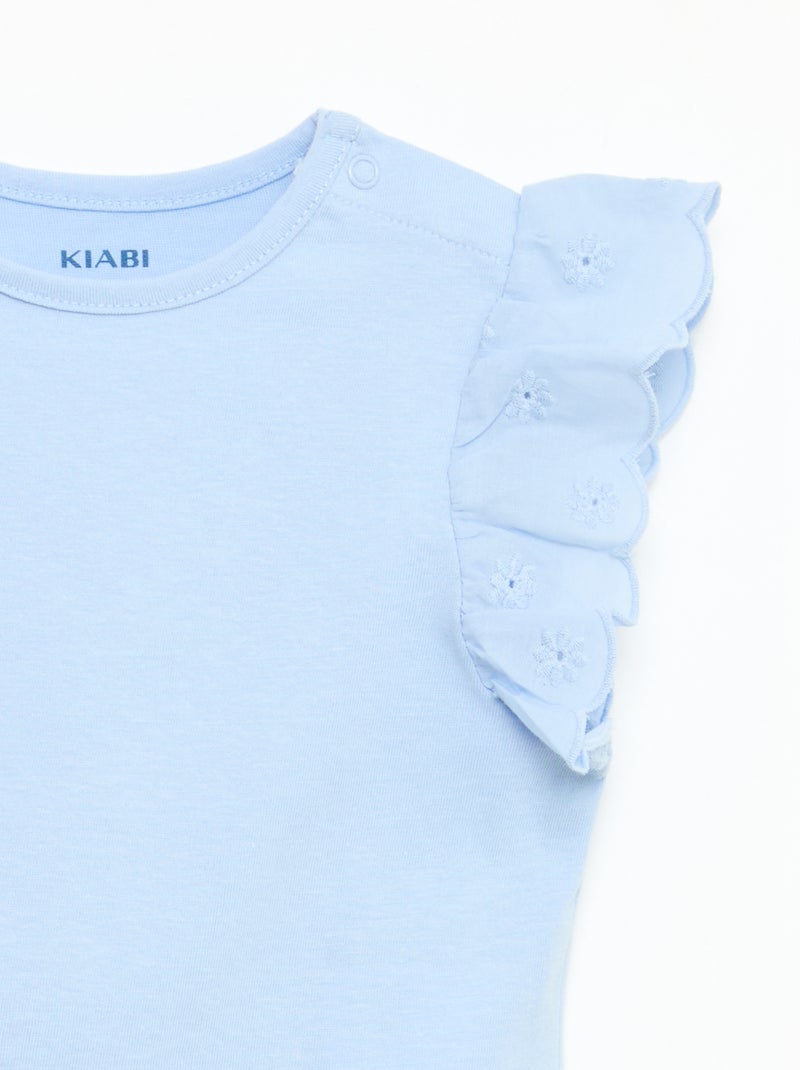 T-shirt van katoenen jerseytricot met korte mouwen van broderie anglaise Blauw - Kiabi