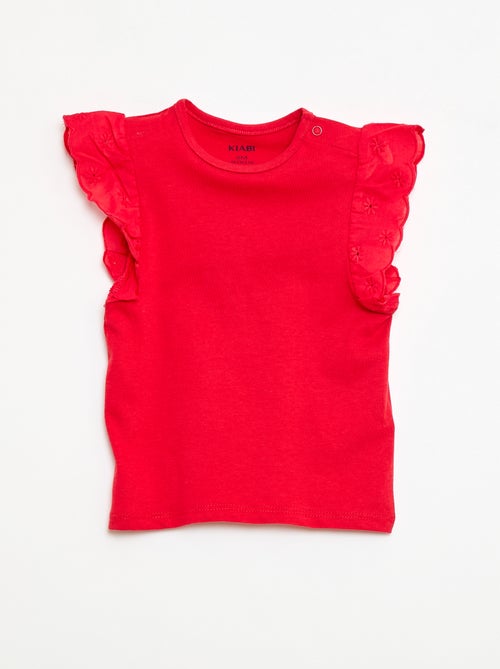T-shirt van katoenen jerseytricot met korte mouwen van broderie anglaise - Kiabi