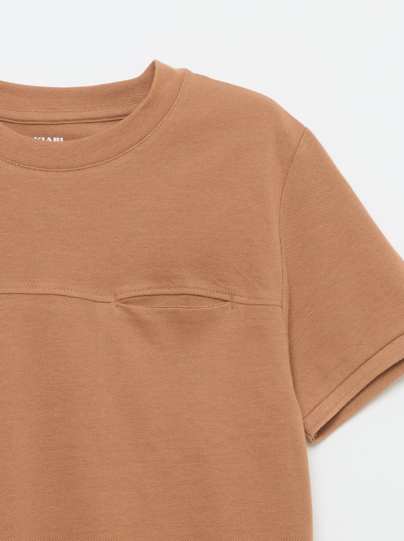 T-shirt van katoenpiqué met korte mouwen Bruin - Kiabi