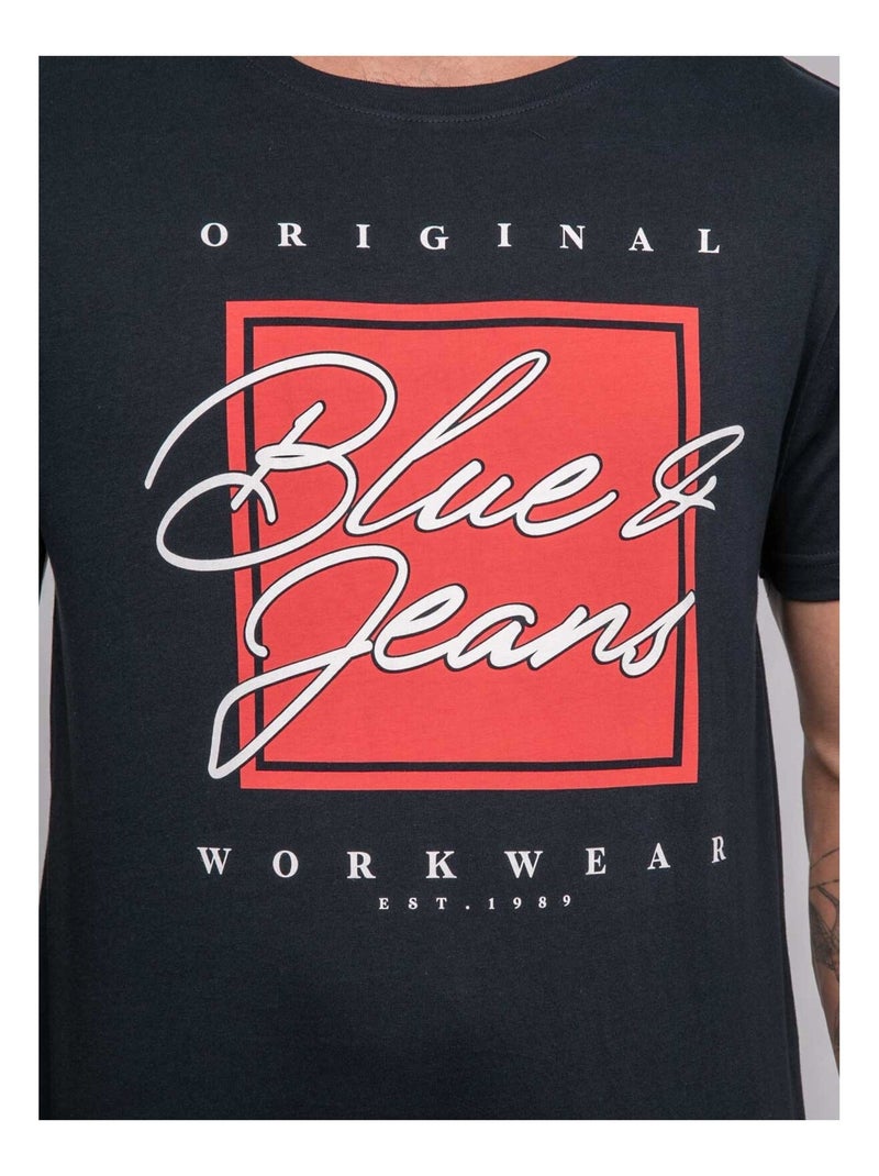 T-shirt van puur katoen met jablote-patroon. Marineblauw - Kiabi