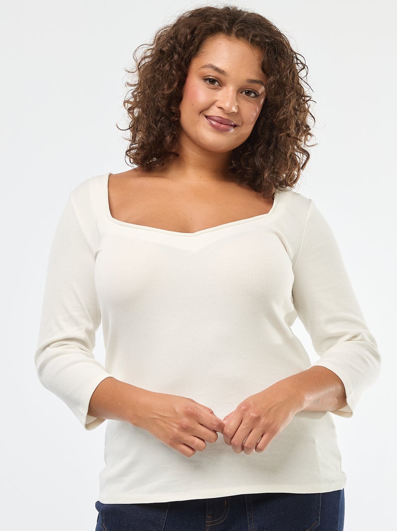 T-shirt van ribstof met grote halsopening Wit - Kiabi