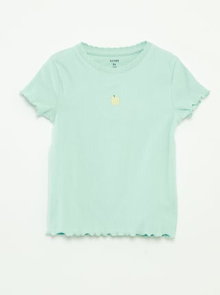 T-shirt van ribstof met korte mouw en golvend boordje