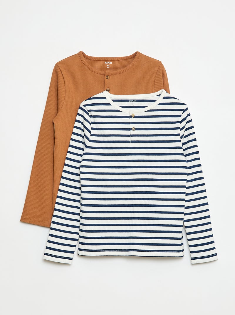 T-shirt van ribstof met lange mouw en henleykraagje Blauw - Kiabi