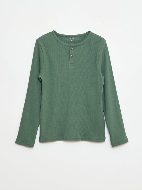 T-shirt van ribstof met lange mouw en henleykraagje - Kiabi