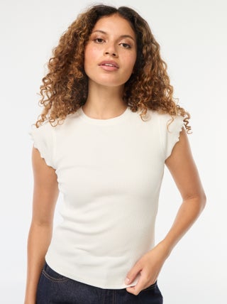 T-shirt van ribstof met ruchemouwen