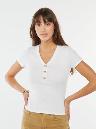 T-shirt van ribtricot met fantasieknopen