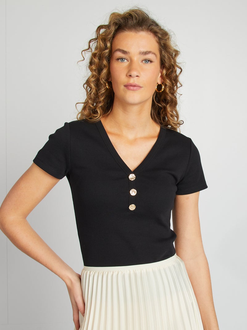 T-shirt van ribtricot met fantasieknopen zwart - Kiabi