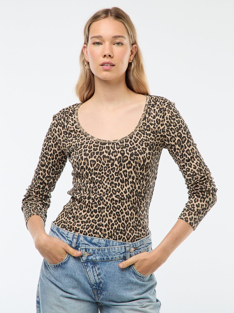 T-shirt van ribtricot met lange mouw Biege - Kiabi