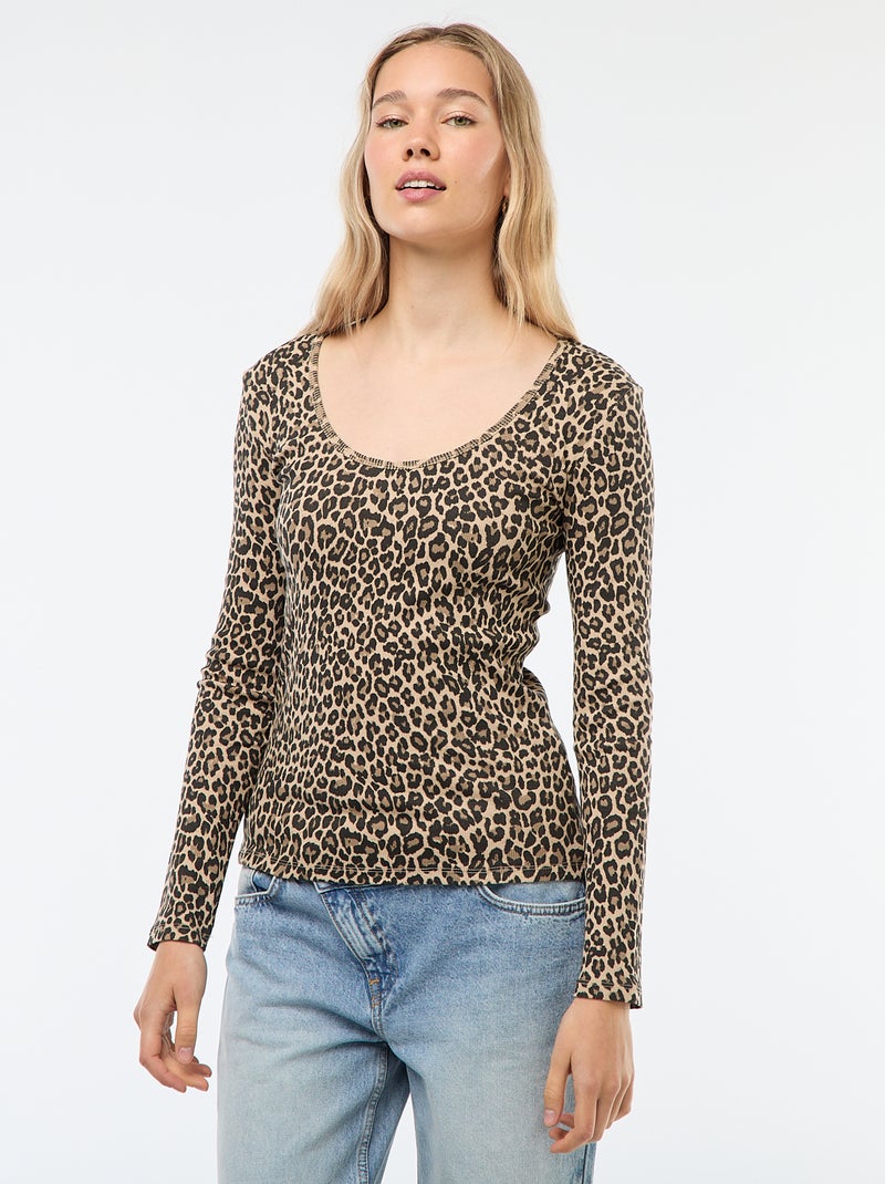 T-shirt van ribtricot met lange mouw Biege - Kiabi