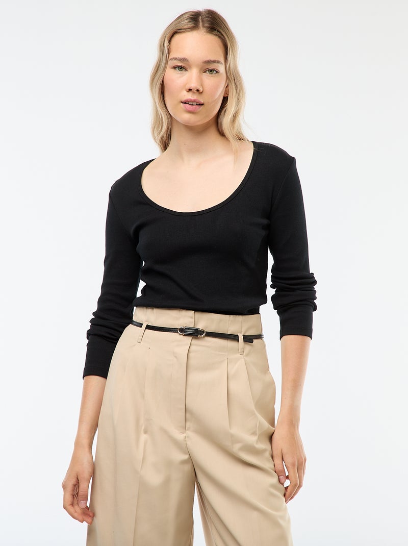 T-shirt van ribtricot met lange mouw zwart - Kiabi