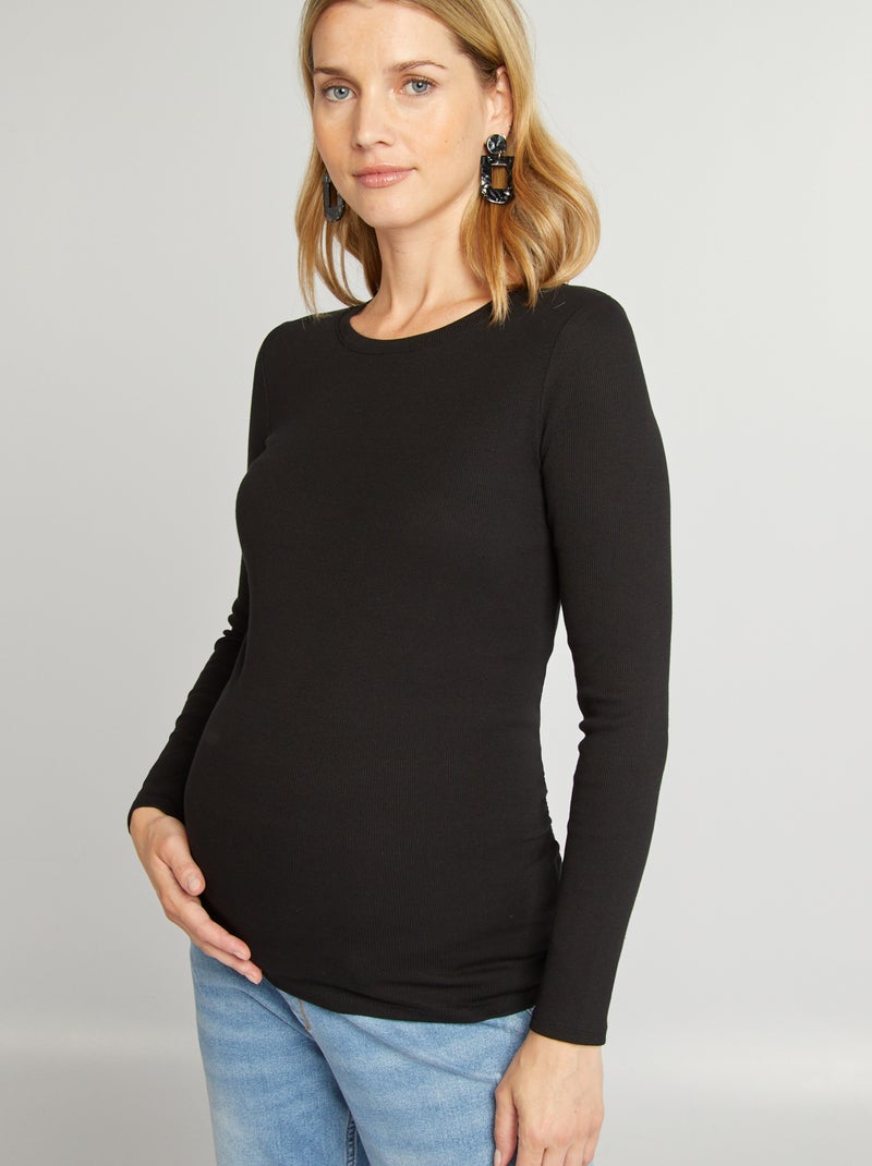 T-shirt van ribtricot met ronde hals zwart - Kiabi
